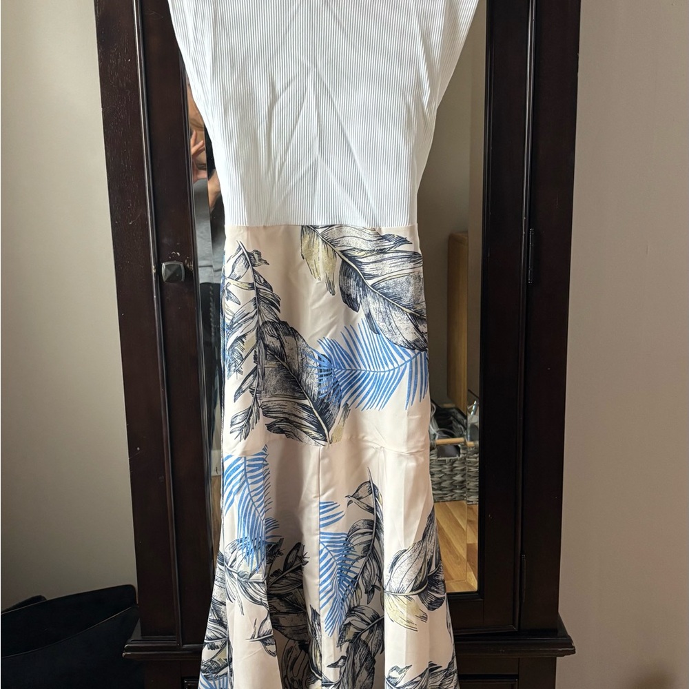 Women's Cream Floral Maxi Skirt with Blue Leaf Print
